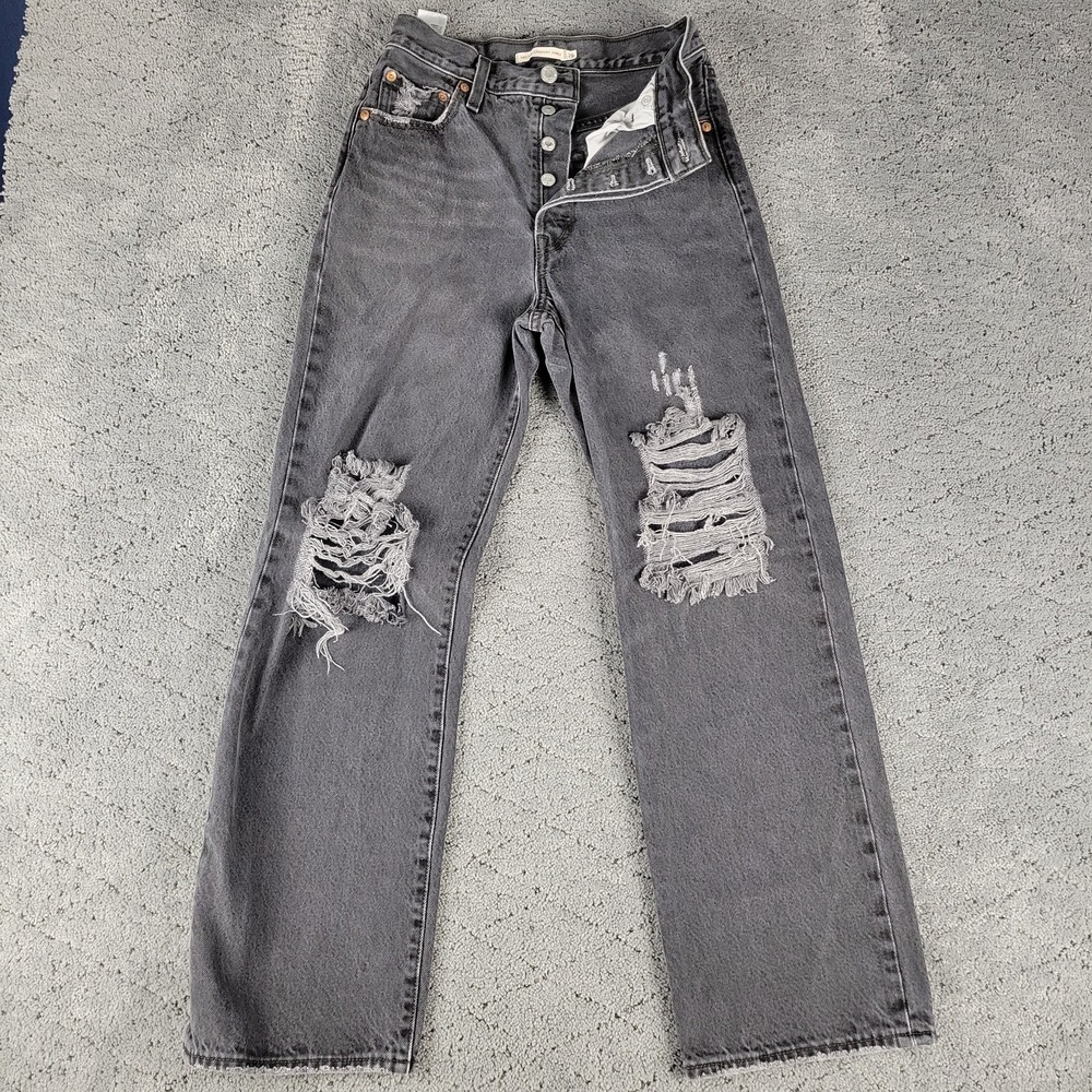 Levis Jeans Womens 26 Black Ribcage Straight Ankle Button Fly Distressed